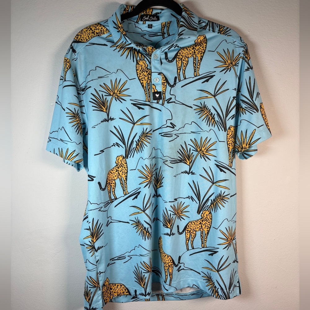 Bad Birdie Light Blue Safari Cheetah Print Polo Golf Shirt Size Medium